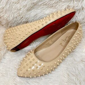 Christian Louboutin Women's Cream Pointed Studded Flats Designer Shoes Luxury